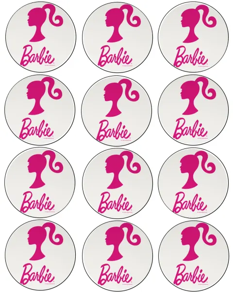 List jedlých koleček na cupcakes – Barbie, růžový profil a logo na bílé (růžová, bílá)
