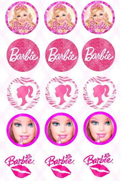List jedlých koleček na cupcakes – Barbie, korunka, třpytivé logo a polibky (růžová, bílá)