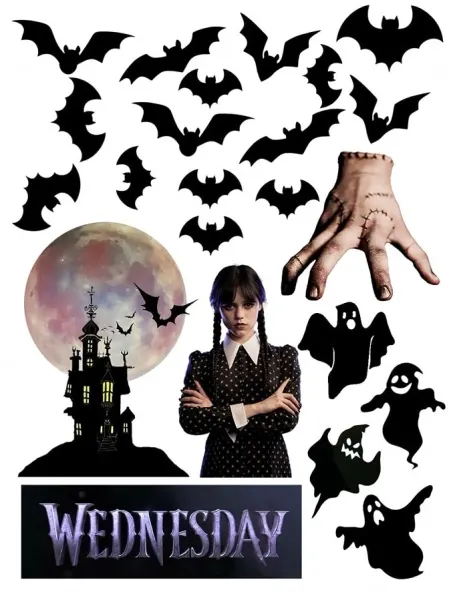 Obdélníkový jedlý papír k výřezu – Wednesday, s rukou Thing a fialovým nápisem (černá, fialová, šedá)