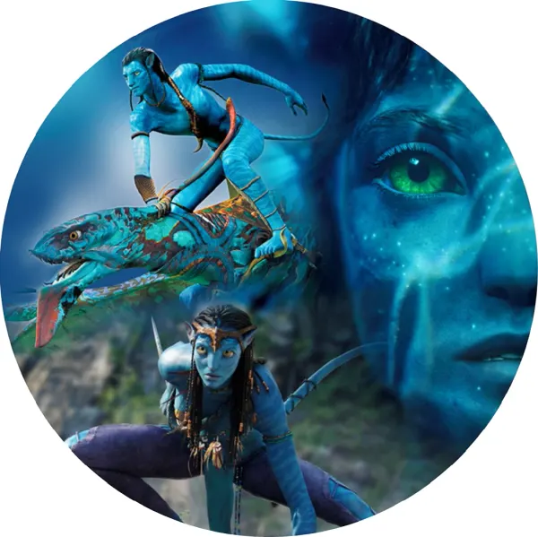 Kulatý jedlý obrázek na dort – Avatar, velká tvář, válečnice a šelma (modrá, tyrkysová, zelená)