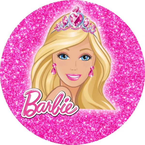 Kulatý jedlý obrázek na dort – Barbie, portrét s korunkou a třpytkami (růžová, zlatá, modrá)