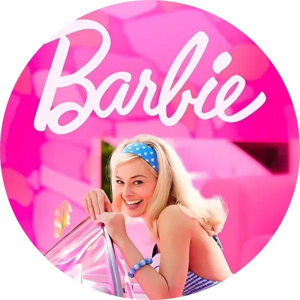 Kulatý jedlý obrázek na dort – Barbie, za volantem růžového kabrioletu (růžová, bílá, modrá)