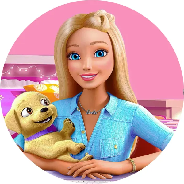 Kulatý jedlý obrázek na dort – Barbie, v modré košili se štěňátkem (růžová, modrá, žlutá)