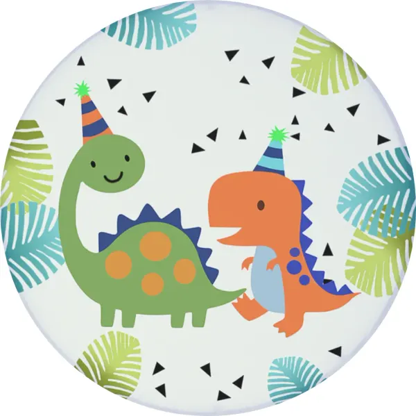 Kulatý jedlý obrázek na dort – Dinosauři, s narozeninovými čepičkami (zelená, tyrkysová, bílá)