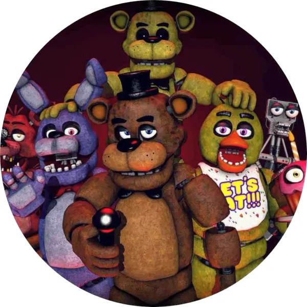 Kulatý jedlý obrázek na dort – Five Nights at Freddy's, Freddy s mikrofonem (hnědá, černá, žlutá)