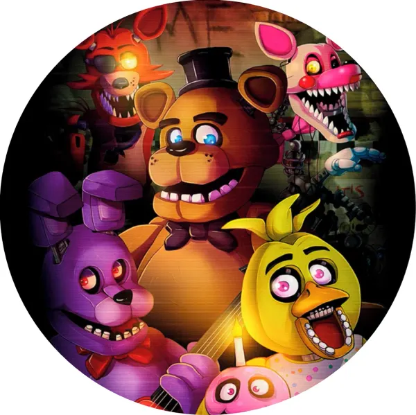 Kulatý jedlý obrázek na dort – Five Nights at Freddy's, Freddy a Mangle (hnědá, fialová, žlutá)
