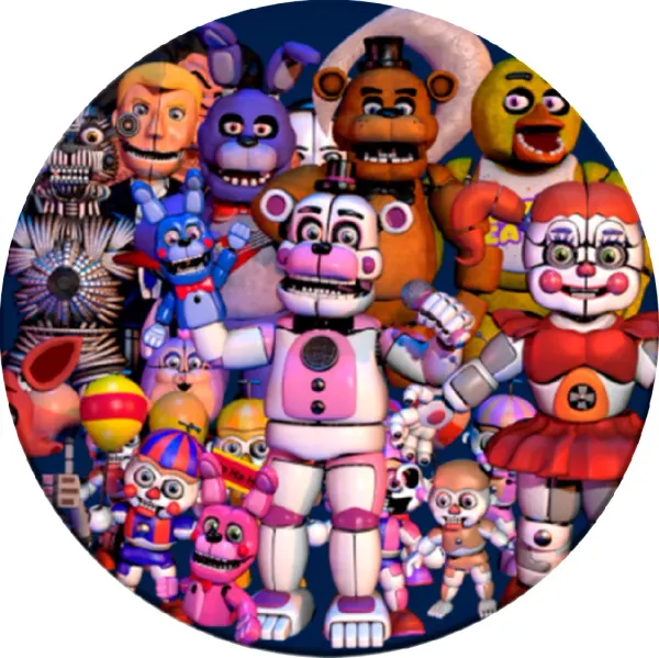 Kulatý jedlý obrázek na dort – Five Nights at Freddy's, Funtime a Circus Baby (modrá, bílá, růžová)