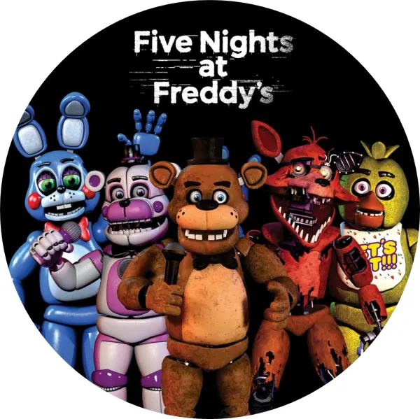 Kulatý jedlý obrázek na dort – Five Nights at Freddy's, pětice s logem (černá, modrá, červená)