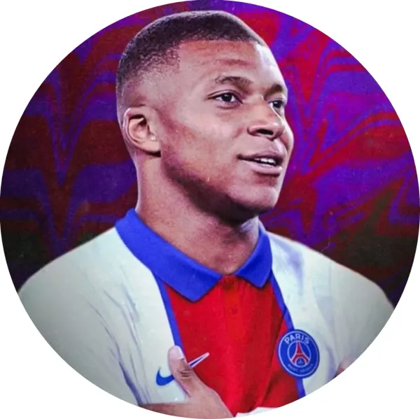 Kulatý jedlý obrázek na dort – Kylian Mbappé, portrét na fialovém pozadí (modrá, červená, fialová)