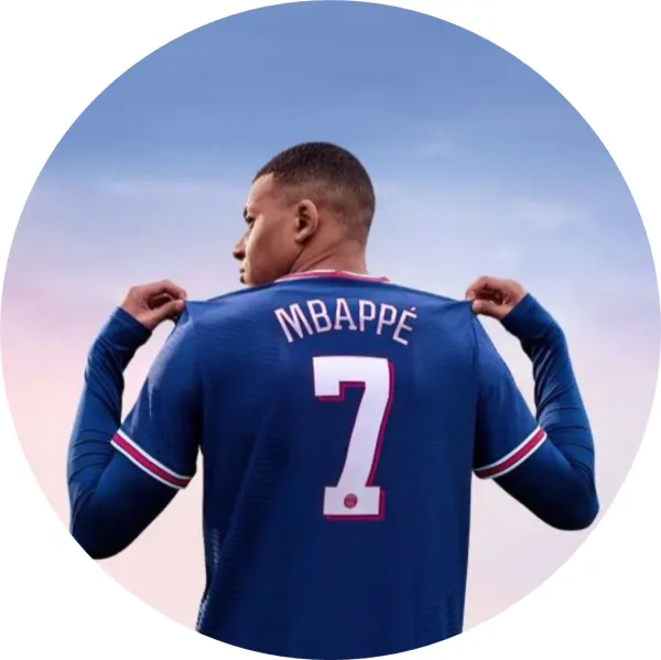 Kulatý jedlý obrázek na dort – Kilian Mbappé, dres zezadu s číslem 7 (modrá, bílá, červená)