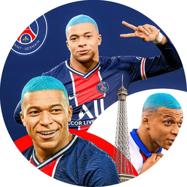Kulatý jedlý obrázek na dort – Kilian Mbappé, modré vlasy a Eiffelova věž (modrá, červená, bílá)