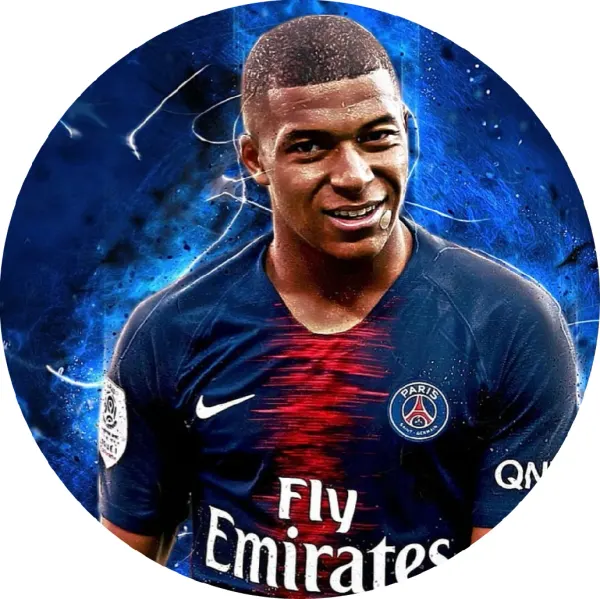 Kulatý jedlý obrázek na dort – Kilian Mbappé, portrét se světelnými efekty (modrá, černá, červená)