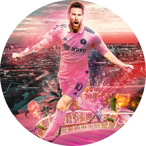 Kulatý jedlý obrázek na dort – Lionel Messi, ve skoku s ohňostrojem (růžová, červená, modrá)