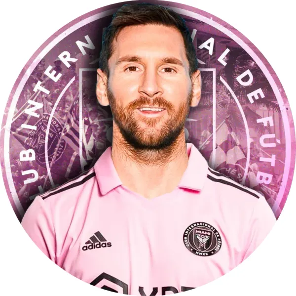 Kulatý jedlý obrázek na dort – Lionel Messi, portrét s růžovými tribunami (růžová, černá, bílá)