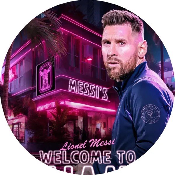 Kulatý jedlý obrázek na dort – Lionel Messi, portrét a růžové neony (růžová, modrá, černá)