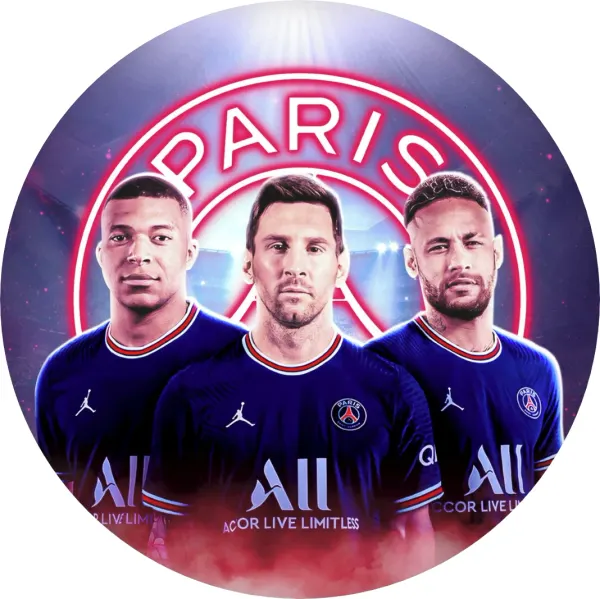 Kulatý jedlý obrázek na dort – Paris Saint-Germain (modrá, červená, bílá)