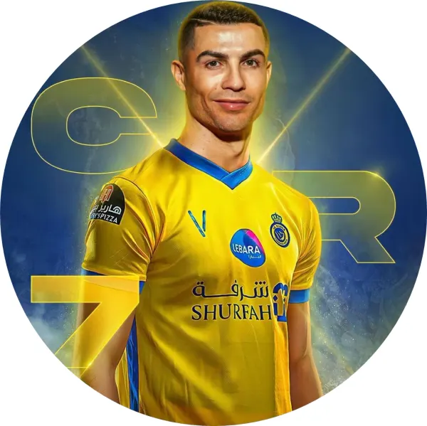 Kulatý jedlý obrázek na dort – Cristiano Ronaldo, portrét na modrém pozadí (žlutá, modrá)