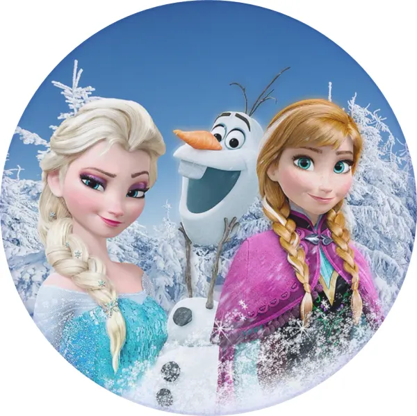 Kulatý jedlý obrázek na dort – Frozen, Anna, Elsa a Olaf v zasněženém lese (modrá, bílá, fialová)