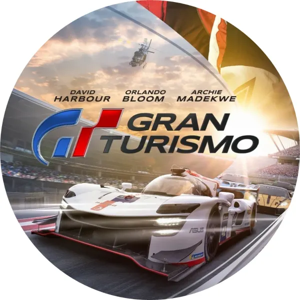 Kulatý jedlý obrázek na dort – Gran Turismo, Bílý speciál a helikoptéra (bílá, černá, červená)
