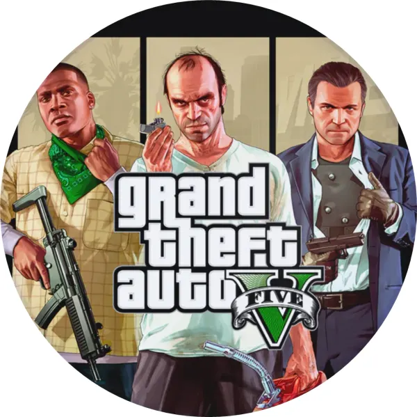 Kulatý jedlý obrázek na dort – GTA, Franklin, Trevor a Michael s logem V (černá, zelená, šedá)