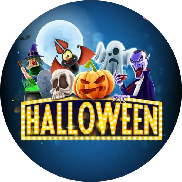 Kulatý jedlý obrázek na dort – Halloween, parta strašidel a žlutý nápis (modrá, žlutá, černá)