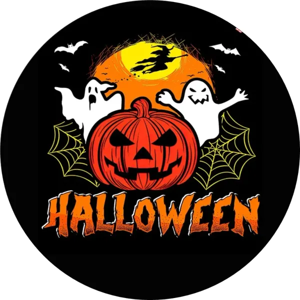 Kulatý jedlý obrázek na dort – Halloween, čarodějnice u měsíce a dýně (černá, žlutá, bílá)