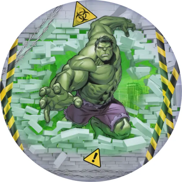 Kulatý jedlý obrázek na dort – Avengers, Hulk prorážející cihlovou zeď (zelená, šedá, žlutá)