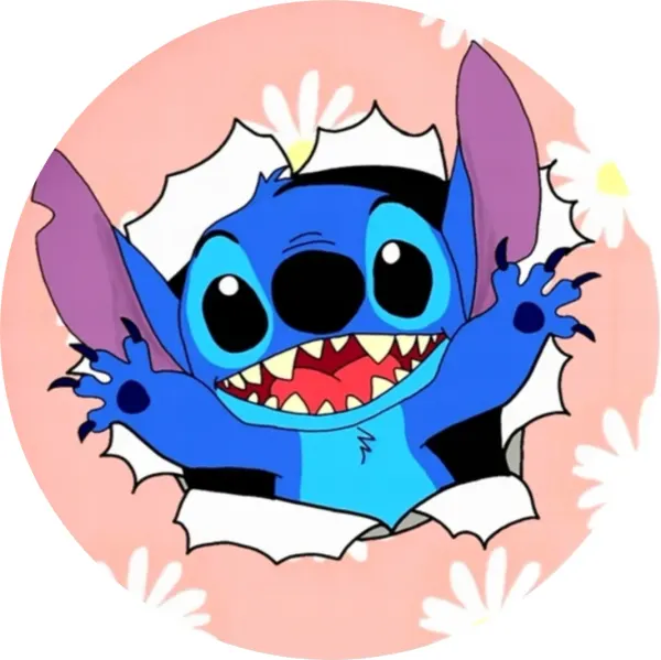 Kulatý jedlý obrázek na dort – Lilo a Stitch, Stitch lezoucí z papíru s květy (modrá, růžová, bílá)