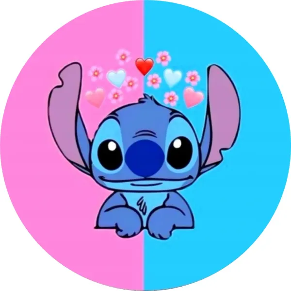 Kulatý jedlý obrázek na dort – Lilo a Stitch, Stitch na růžovo-modrém pozadí (modrá, růžová, tyrkysová)