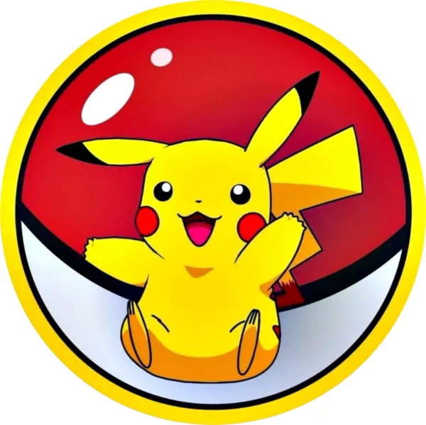 Kulatý jedlý obrázek na dort – Pokémon, Pikachu mávající z pokéballu (žlutá, červená, bílá)