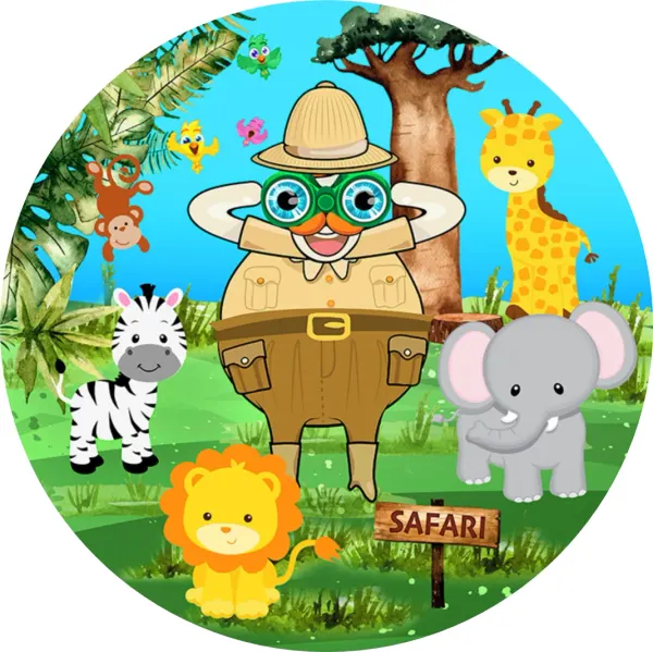 Kulatý jedlý obrázek na dort – Safari, průzkumník s mláďaty u baobabu (zelená, modrá, žlutá)