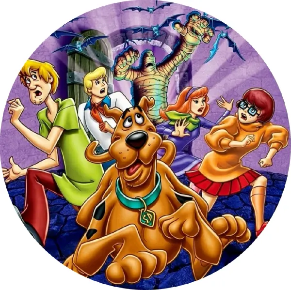 Kulatý jedlý obrázek na dort – Scooby Doo, útěk party před mumií (fialová, hnědá, zelená)
