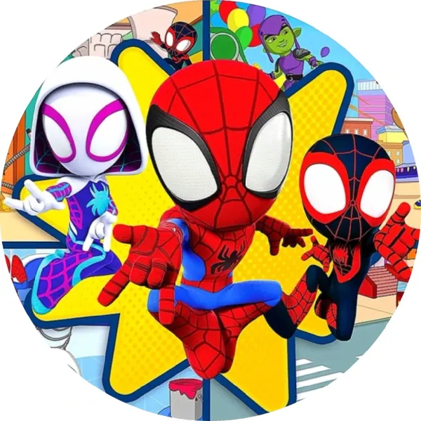 Kulatý jedlý obrázek na dort – Spiderman, skok se žlutou hvězdou (červená, modrá, žlutá)