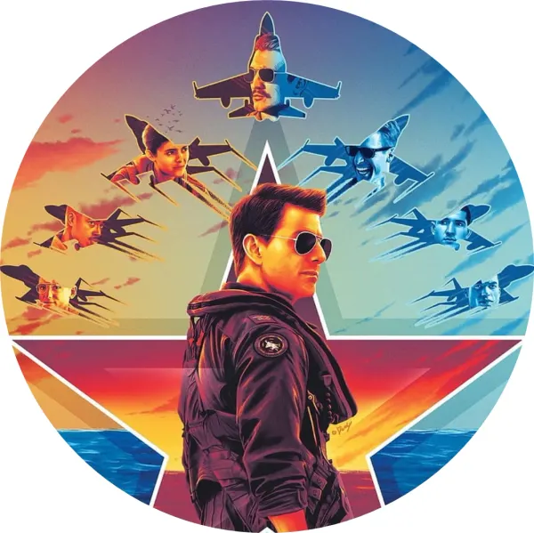 Kulatý jedlý obrázek na dort – Top Gun, pilot s brýlemi, hvězda a stíhačky (modrá, červená, žlutá)