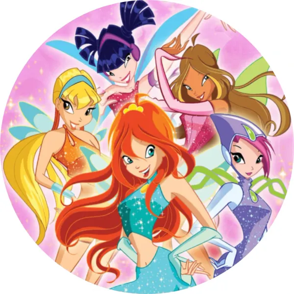 Kulatý jedlý obrázek na dort – Winx, Bloom, Stella, Flora a parta víl (růžová, tyrkysová, fialová)