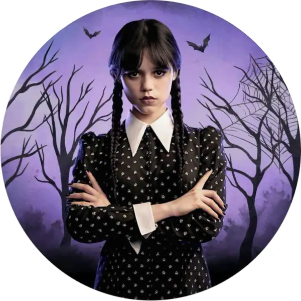 Kulatý jedlý obrázek na dort – Wednesday, Addams s copy a netopýry (fialová, černá, bílá)