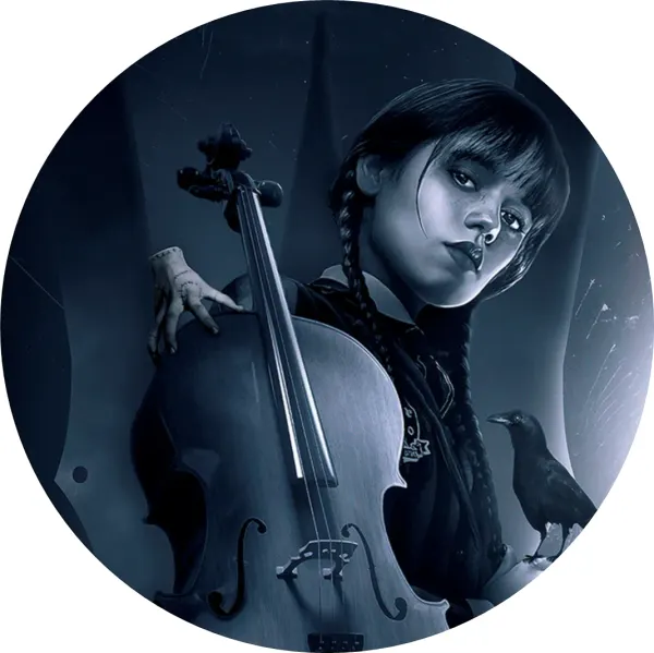 Kulatý jedlý obrázek na dort – Wednesday, s violoncellem, Věcí a havranem (černá, modrá, šedá)