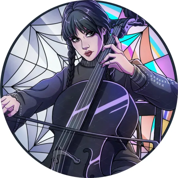 Kulatý jedlý obrázek na dort – Wednesday, hra na violoncello u vitráže (černá, fialová, šedá)