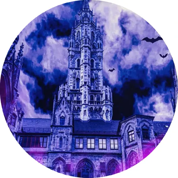Kulatý jedlý obrázek na dort – Wednesday, akademie Nevermore a netopýři (modrá, fialová, černá)