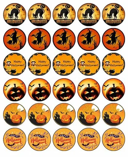 List jedlých koleček na cupcakes – Halloween, černé siluety na oranžovém pozadí (červená, černá, žlutá)