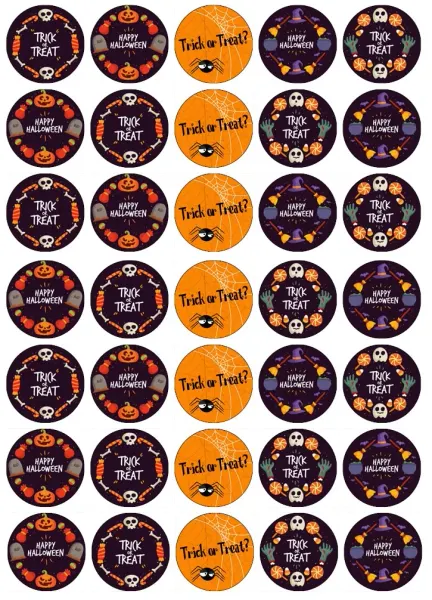 List jedlých koleček na cupcakes – Halloween, fialová směs s nápisem Trick or Treat (černá, žlutá, fialová)