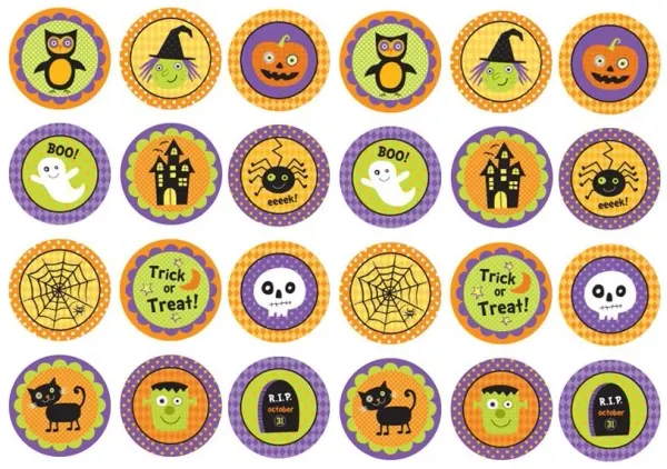 List jedlých koleček na cupcakes – Halloween, medailonky s puntíky a vlnovkami (fialová, žlutá, zelená)