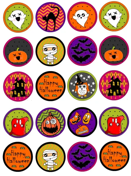 List jedlých koleček na cupcakes – Halloween, barevná kolečka s mumií a sovou (žlutá, fialová, černá)