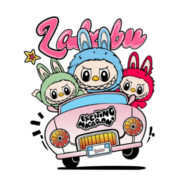 Kulatý jedlý obrázek na dort – Labubu Autíčko (růžová, modrá, bílá)