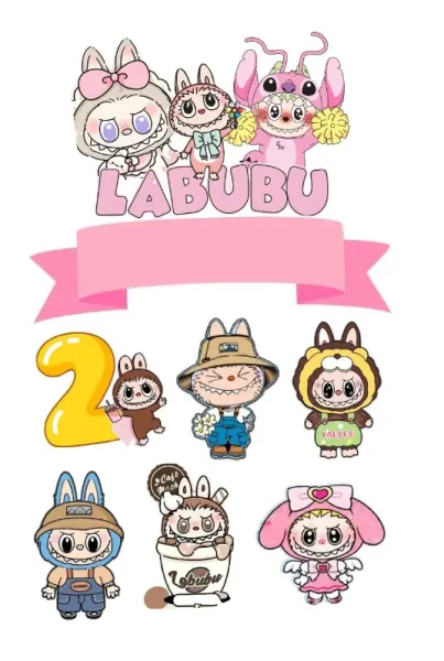 Obdélníkový jedlý papír k výřezu – Labubu, Hranatý (růžová, hnědá, žlutá)