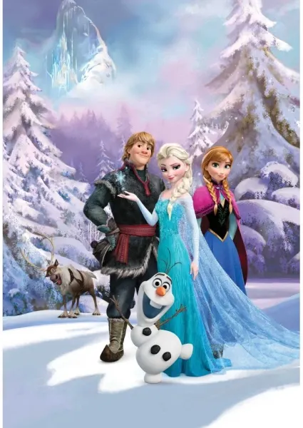 Obdélníkový jedlý obrázek na dort – Frozen, Elsa a přátelé před horským palácem (modrá, bílá, fialová)