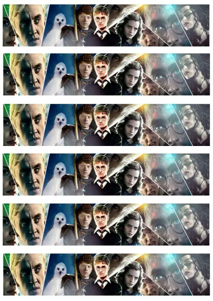 Obdélníkový jedlý papír k výřezu – Harry Potter, pruhy s filmovou koláží a Malfoy (modrá, černá, žlutá)