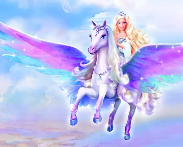 Obdélníkový jedlý obrázek na dort – Barbie, princezna na kouzelném pegasovi (fialová, modrá, růžová)