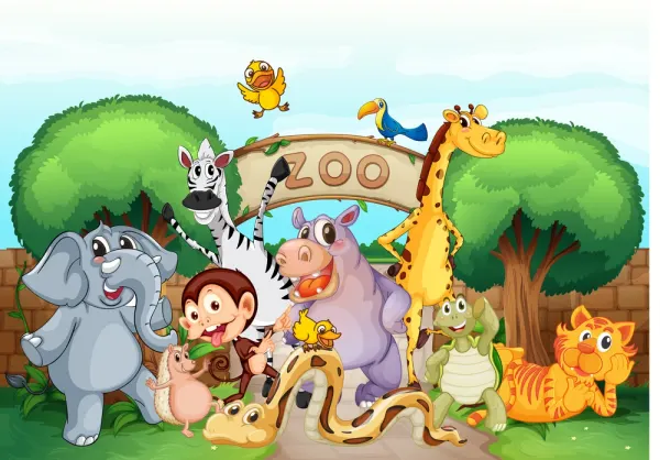 Obdélníkový jedlý obrázek na dort – ZOO, Safari (zelená, žlutá, modrá)