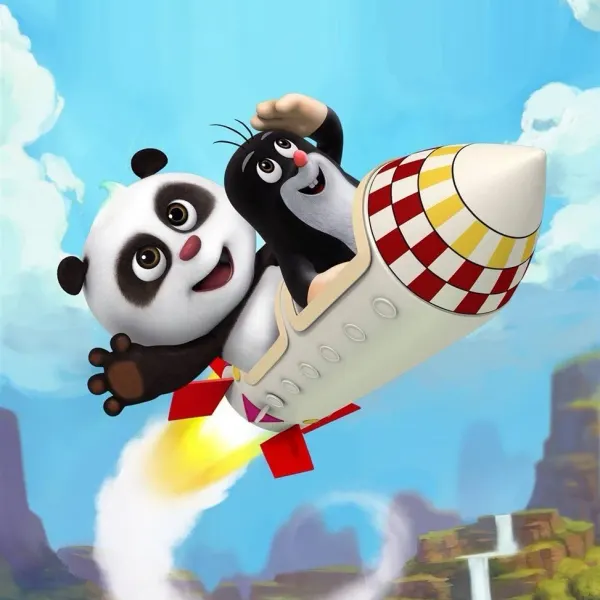 Kulatý jedlý obrázek na dort – Krteček a panda, Let v raketě (modrá, bílá, červená)